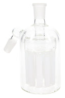 Frosted-white tree-perc glass ash catcher standing upright, 14.5 mm male-to-female 45° configuration for dry herb water pipes.