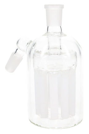 Frosted-white tree-perc glass ash catcher standing upright, 14.5 mm male-to-female 45° configuration for dry herb water pipes.
