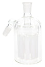 Frosted-white tree-perc glass ash catcher standing upright, 14.5 mm male-to-female 45° configuration for dry herb water pipes.