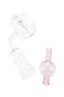 Clear quartz thermal banger with 90° neck and 14.5 mm joint, shown with pink bubble carb cap on a white background.