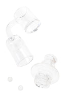 Clear quartz spinner banger with turbine carb cap and two 6 mm beads shown separately; domeless bucket design.