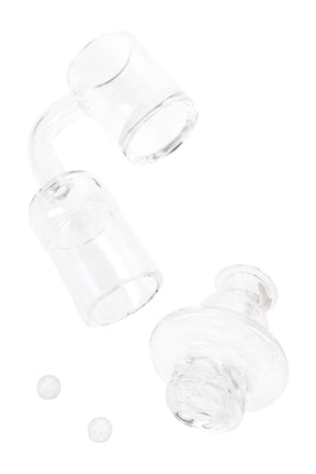 Clear quartz spinner banger with turbine carb cap and two 6 mm beads shown separately; domeless bucket design.