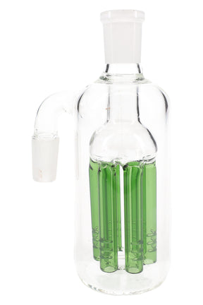 Green tree-perc glass ash catcher, 14.5mm male-to-female 90° joint, close view of chamber and slotted arms.