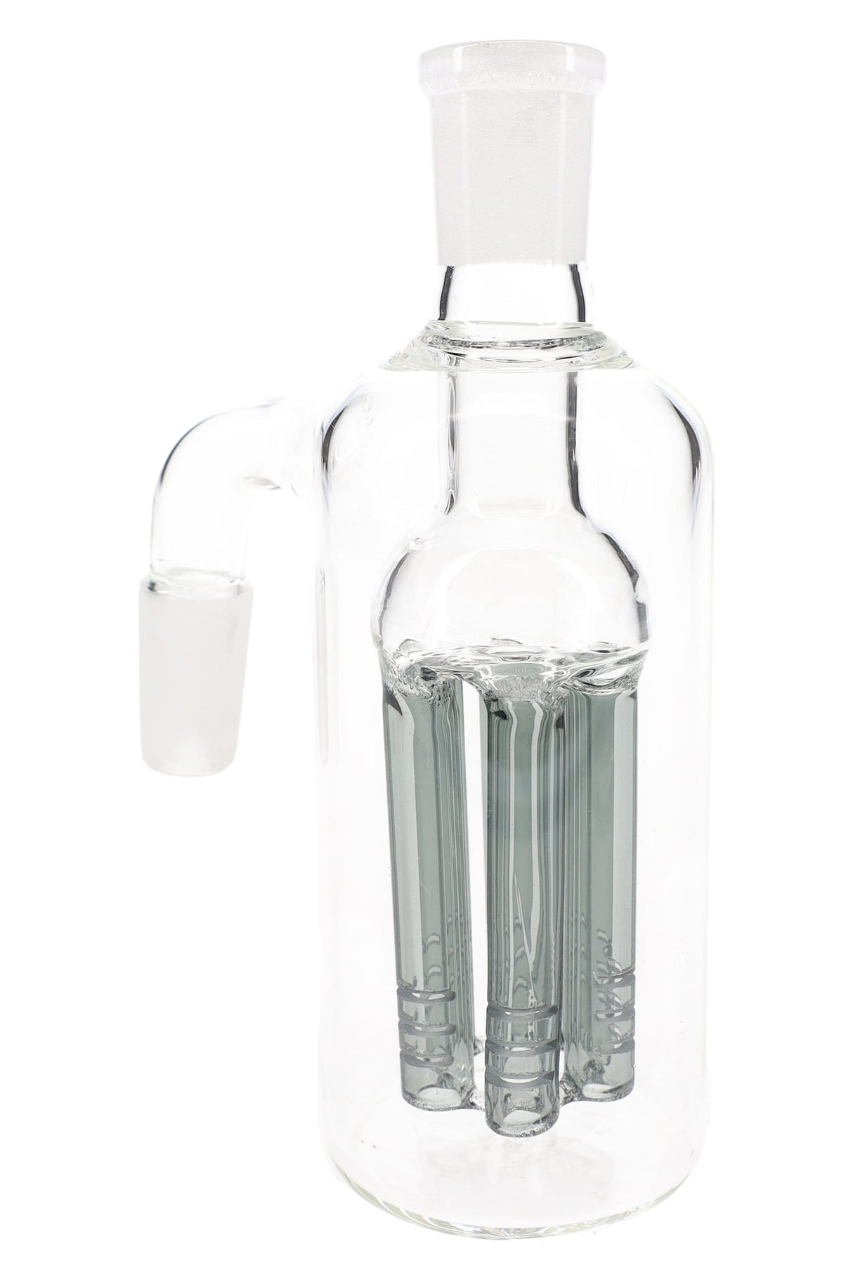 Black tree-perc glass ash catcher, 14.5mm male-to-female 90° joint, close view of chamber and slotted arms.