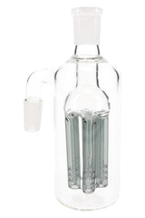 Black tree-perc glass ash catcher, 14.5mm male-to-female 90° joint, close view of chamber and slotted arms.