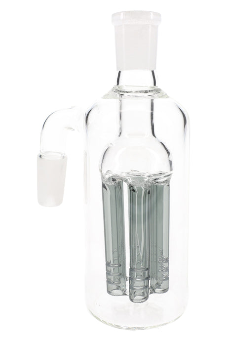 Black tree-perc glass ash catcher, 14.5mm male-to-female 90° joint, close view of chamber and slotted arms.