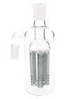 Black tree-perc glass ash catcher, 14.5mm male-to-female 90° joint, close view of chamber and slotted arms.