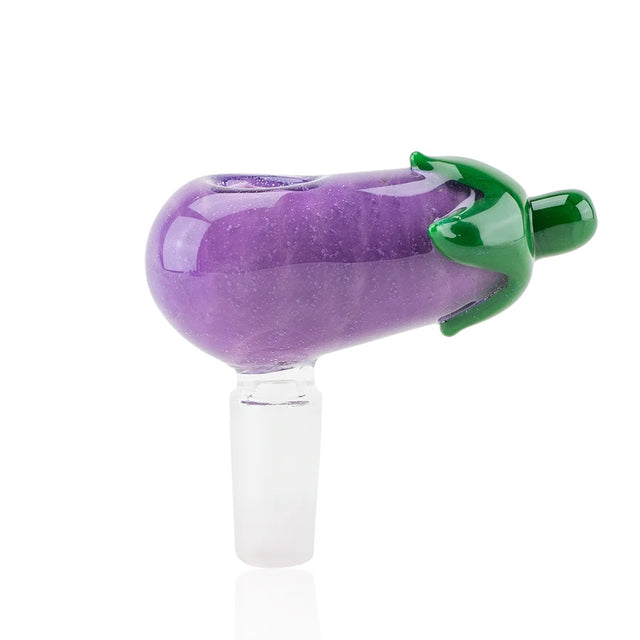 Purple eggplant themed glass bong bowl with 14.5 mm male joint and green cap, glossy finish shown on white background.
