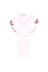 Pink 18.8 mm male glass bowl with frosted joint, rounded dry herb cup, and raised dot accents