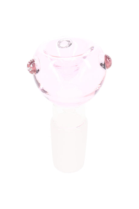 Pink 18.8 mm male glass bowl with frosted joint, rounded dry herb cup, and raised dot accents