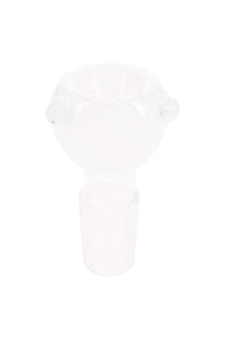 Milky White 18.8 mm male glass bowl with rounded head, clear frosted joint, and raised side dots