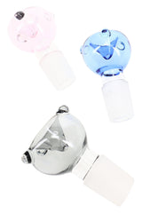 Three 18.8 mm male glass bowls in pink, blue, and smoke with frosted joints and raised dot accents