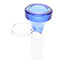 Blue 14.5 mm male glass bowl with clear side handle, rounded cup, and frosted joint for dry herb bongs