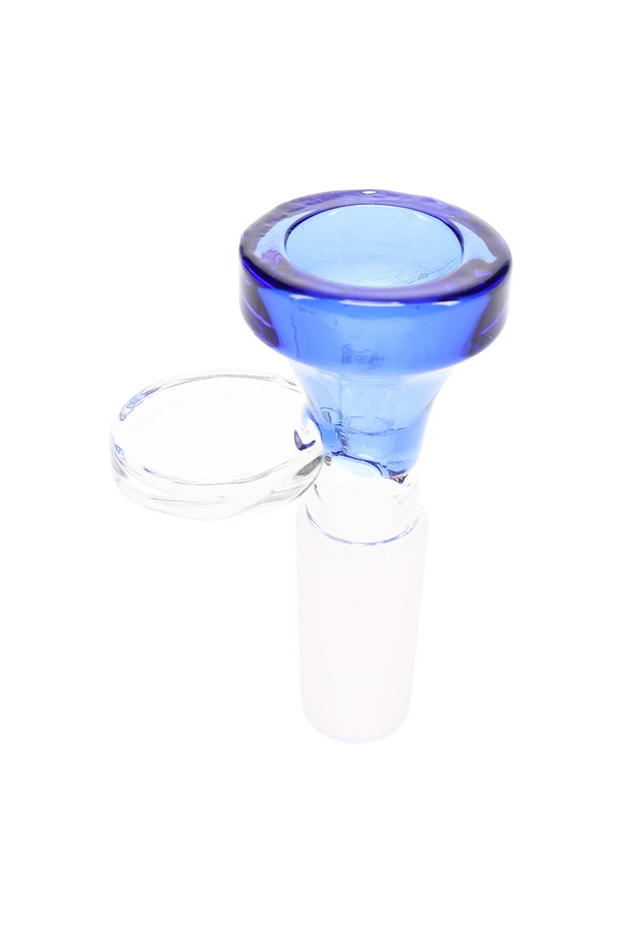 Blue 14.5 mm male glass bowl with clear side handle, rounded cup, and frosted joint for dry herb bongs