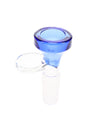 Blue 14.5 mm male glass bowl with clear side handle, rounded cup, and frosted joint for dry herb bongs