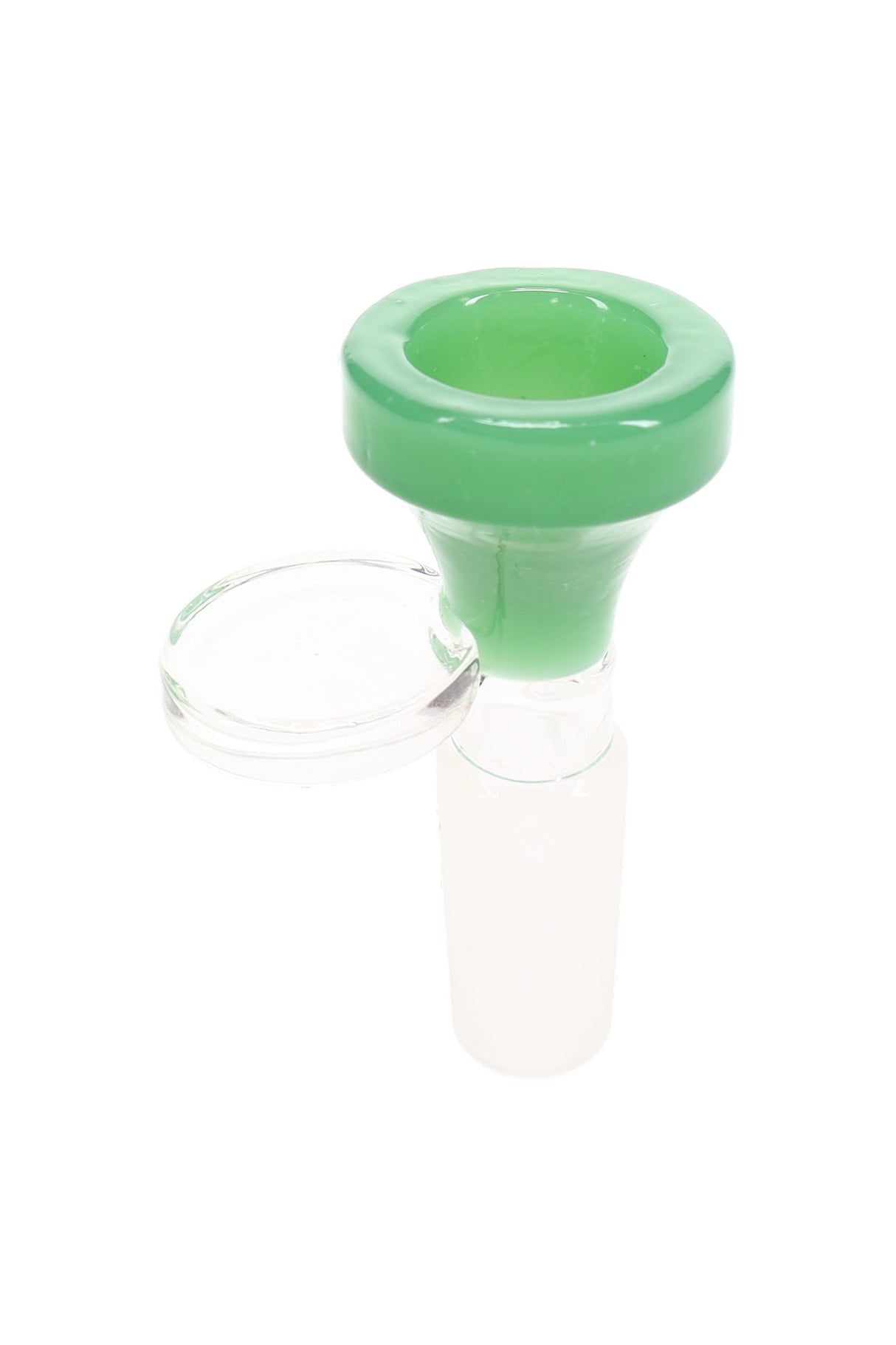 Green 14.5 mm male glass bowl with clear lift handle, rounded colored head, and frosted joint