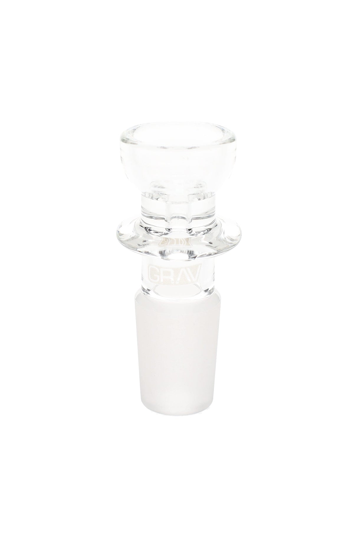 Close-up of GRAV clear glass cup bowl showing polished male ground joint and easy-lift rim for quick pack-and-clear sessions.