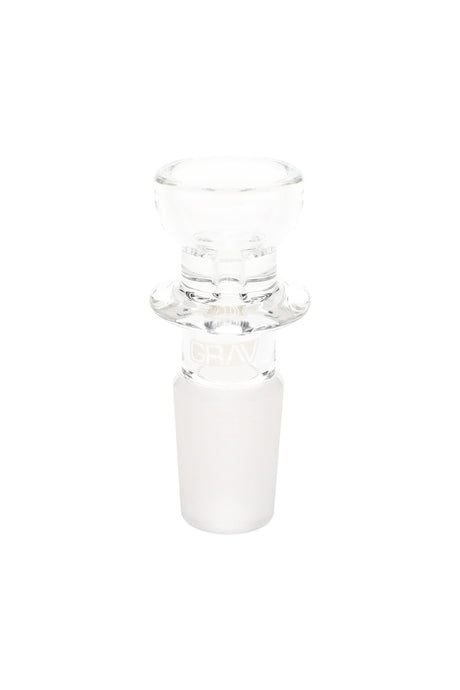 Close-up of GRAV clear glass cup bowl showing polished male ground joint and easy-lift rim for quick pack-and-clear sessions.