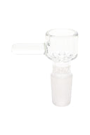 Clear GRAV Octobowl glass herb slide with side handle and built-in glass screen, ground male joint for compatible beaker and straight-tube bongs.