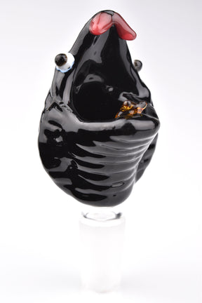 Black snake-head glass bong bowl with 14.5 mm male joint, sculpted scales, and open mouth rim for easy lifting and a secure grip.