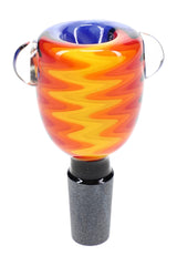 Orange 14.5 mm male glass bowl with black joint, colorful reverse pattern, and raised marble accents