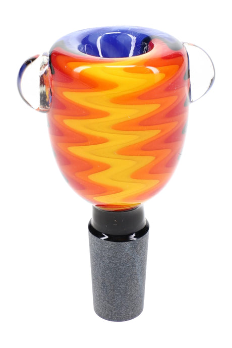 Orange 14.5 mm male glass bowl with black joint, colorful reverse pattern, and raised marble accents