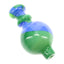 Closeup of green and blue swirl striped bubble carb cap showing rounded shape and tapered airflow opening for dab rigs.
