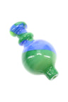 Closeup of green and blue swirl striped bubble carb cap showing rounded shape and tapered airflow opening for dab rigs.