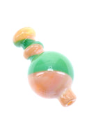 Peach and green swirl striped glass bubble carb cap with orb-shaped head, designed to steer airflow over a hot bucket.