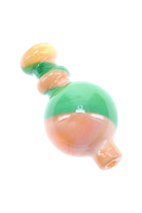 Peach and green swirl striped glass bubble carb cap with orb-shaped head, designed to steer airflow over a hot bucket.