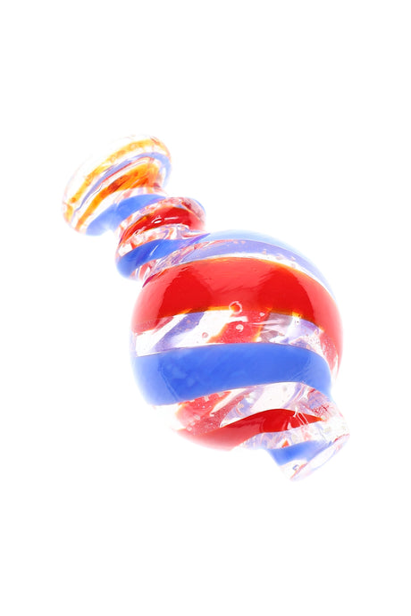 Red, blue, and clear spiral striped bubble carb cap with rounded profile for spinning airflow on a flat-top quartz banger.