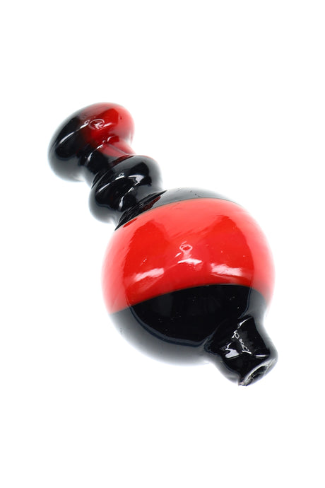 Black and red swirl striped glass bubble carb cap with glossy finish and bubble head for improved concentrate vaporization.