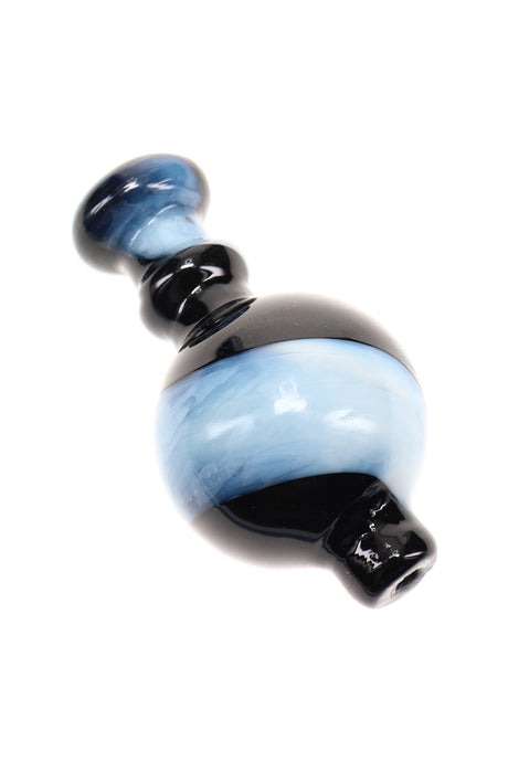 Black and light-blue swirl striped glass bubble carb cap, bulbous shape for easy grip and smooth directional airflow control.