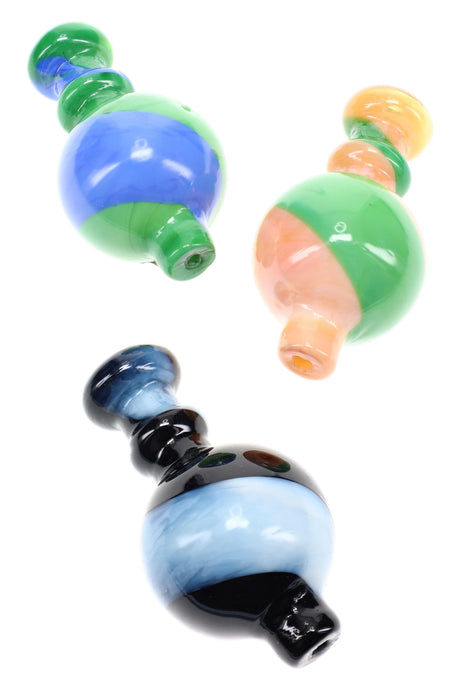 Swirl striped glass bubble carb cap in mixed green and blue tones, rounded head for directional airflow on flat-top banger rigs.