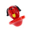 Close-up of red glass dog carb cap with black ears and yellow tongue, rounded base for sealing a quartz bucket.