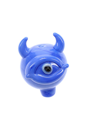 Blue glass cyclops carb cap with single eye and small horn handles; dome style for airflow control and heat retention on compatible quartz bangers.