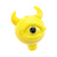Yellow cyclops-themed glass carb cap with horn grips and domed top; designed to help manage airflow and temperature on matching banger buckets.