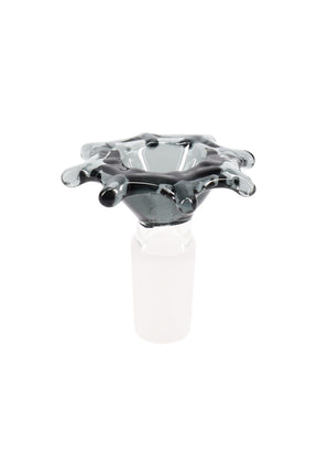 Smoky gray borosilicate spiderweb flower bowl with 14.5 mm male frosted joint for 14 mm bongs, shown upright on white.