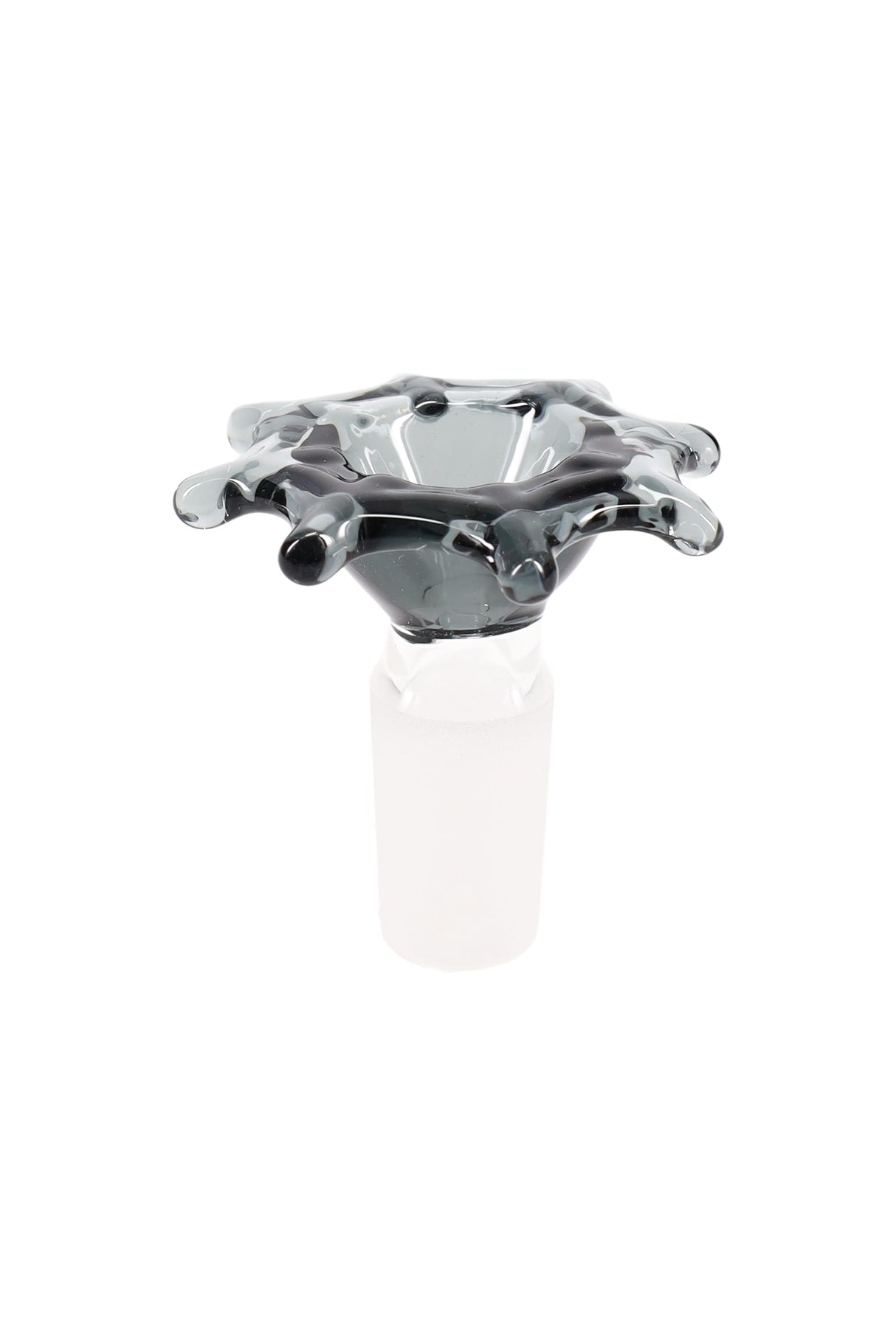 Smoky gray spider-web glass herb bowl for a bong, flared rim with webbed pulls and frosted joint, photographed on white background.