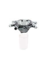 Smoky gray spider-web glass herb bowl for a bong, flared rim with webbed pulls and frosted joint, photographed on white background.