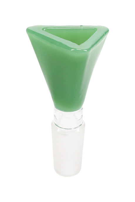 Single green triangle bong bowl, 14.5 mm male frosted joint, geometric head for easy gripping, close-up product shot.