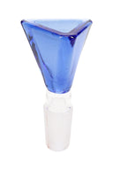Blue triangle 14.5 mm male glass bowl with frosted joint, faceted design for bongs, isolated on white.