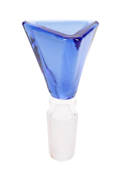 Blue triangle 14.5 mm male glass bowl with frosted joint, faceted design for bongs, isolated on white.