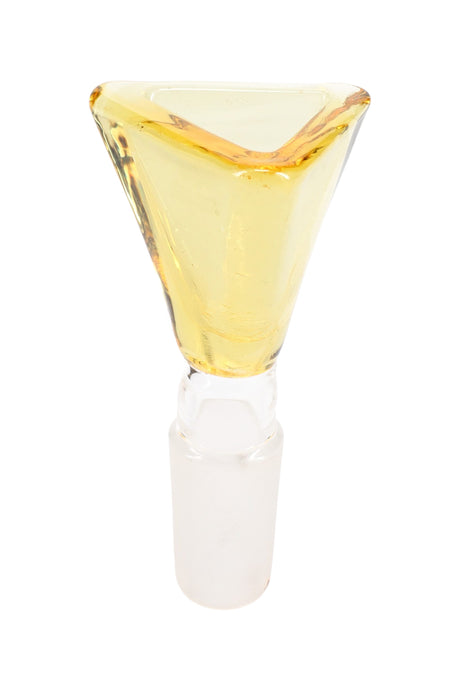 Amber triangle 14.5 mm male glass slide with frosted joint, geometric bowl head for dry herb, studio photo.