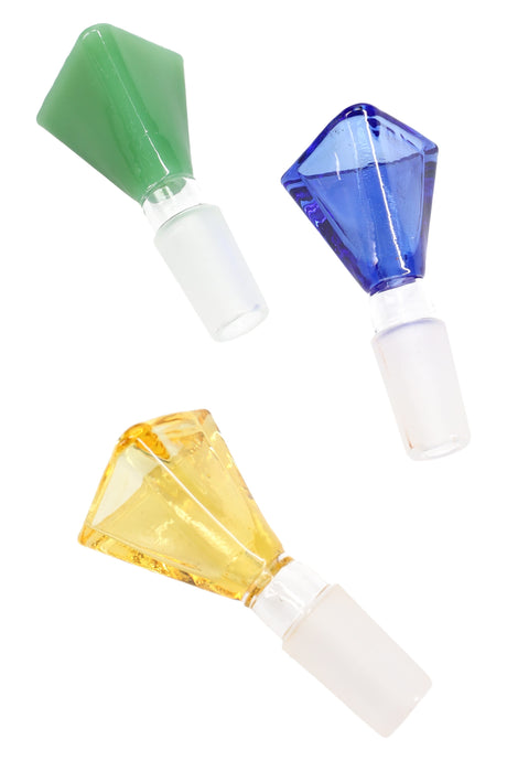 Three 14.5 mm male triangle glass bowls in green, blue, and amber with frosted joints, shown angled on white background.