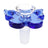 Blue butterfly 14.5 mm male glass bowl with clear cup and frosted joint, close-up showing wing details and wide grip surface.