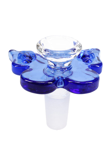 Blue butterfly 14.5 mm male glass bowl with clear cup and frosted joint, close-up showing wing details and wide grip surface.