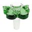 Green butterfly 14.5 mm male bong bowl, clear cup with frosted joint and sculpted wings for comfortable handling, studio shot.