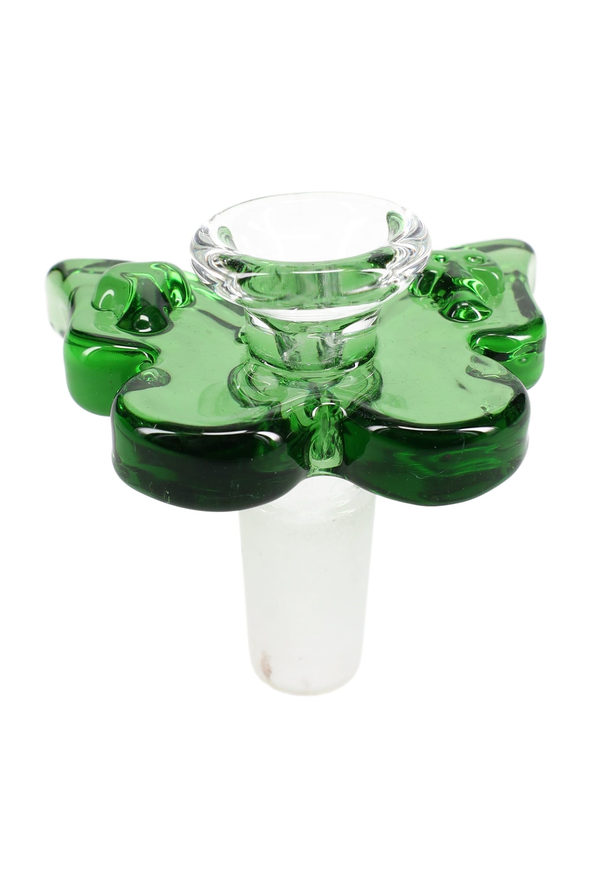 Green butterfly 14.5 mm male bong bowl, clear cup with frosted joint and sculpted wings for comfortable handling, studio shot.