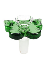 Green butterfly 14.5 mm male bong bowl, clear cup with frosted joint and sculpted wings for comfortable handling, studio shot.